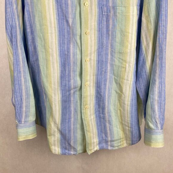 Caribbean Mens Button Down Shirt Size L Linen Cotton Blue Green Cream Stripes Lo - Picture 3 of 10